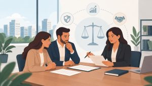 Empresários analisam contratos com uma advogada em ilustração sobre assessoria jurídica empresarial