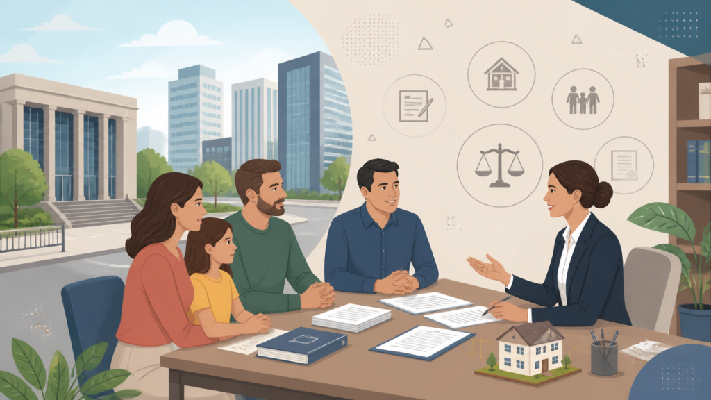 Ilustração de atendimento jurídico civil com documentos, família e empresário em cenário urbano de Jundiaí