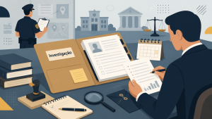Ilustração de documentos de investigação criminal sendo analisados em uma mesa de trabalho jurídica.