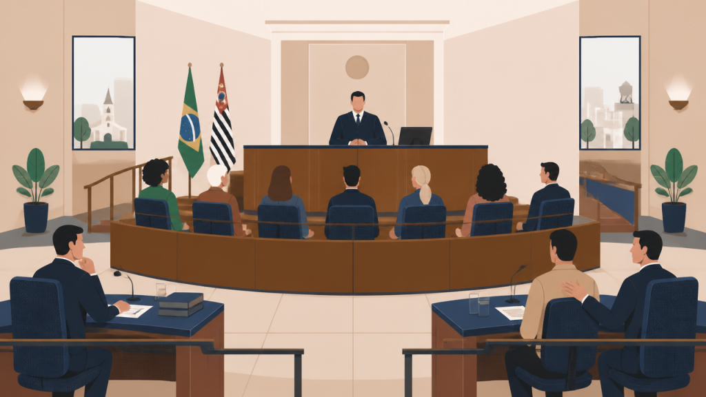 Ilustração de sessão de tribunal do júri em fórum brasileiro, com juiz, jurados e bancadas de defesa e acusação.
