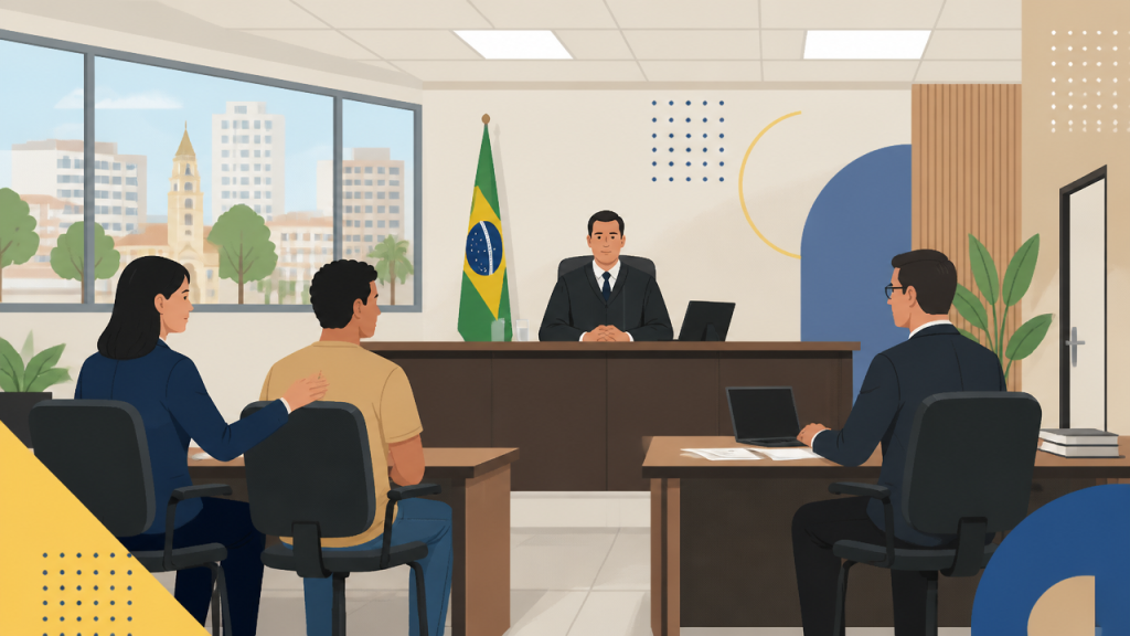 Ilustração de uma audiência de custódia com juiz, defesa e pessoa presa em sala de audiência